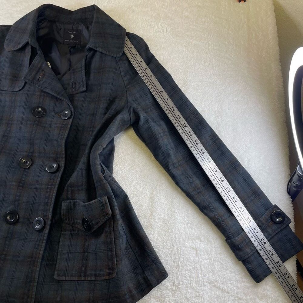 Large Forever 21 Peacoat Navy Tartan Plaid Pea Coat Double Breasted - Picture 7 of 10